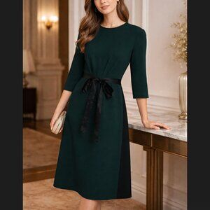 SHARRONE NY Dark Green & Black Formal Dress Size 14 Women's Velvet Tie Modest